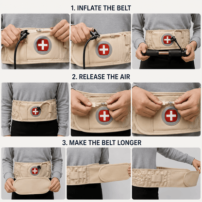 A multi-panel instructional graphic for the Spinal Air Traction Belt, demonstrating how to inflate the belt using the hand pump, release the air, and attach the extension piece to make the belt longer.