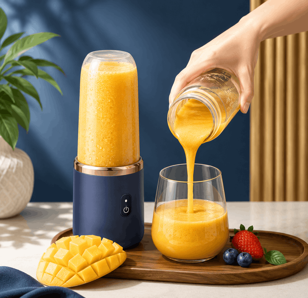 A portable blender with a navy blue base and gold collar stands on a wooden tray, with a hand pouring orange juice from a glass jar into a stemless wine glass. A cubed mango, strawberries, and blueberries are arranged around the tray against a dark blue wall and beige curtains.
