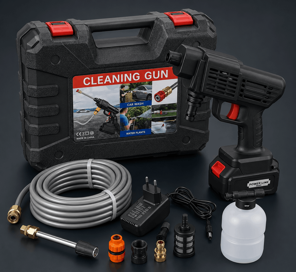 A portable cordless cleaning gun kit displayed with its battery, carrying case, water hose, charger, and assorted nozzle attachments