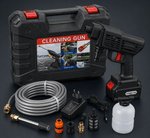A portable cordless cleaning gun kit displayed with its battery, carrying case, water hose, charger, and assorted nozzle attachments