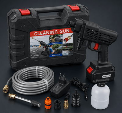 A portable cordless cleaning gun kit displayed with its battery, carrying case, water hose, charger, and assorted nozzle attachments