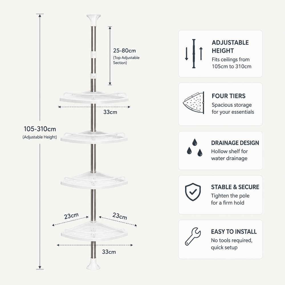 A product infographic showing a four-tier corner shelf with dimensions and feature callouts on a light gray background. The shelf has a silver metal pole with clear plastic tiers and drain holes.