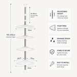 A product infographic showing a four-tier corner shelf with dimensions and feature callouts on a light gray background. The shelf has a silver metal pole with clear plastic tiers and drain holes. - thumbnail 7