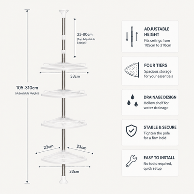 A product infographic showing a four-tier corner shelf with dimensions and feature callouts on a light gray background. The shelf has a silver metal pole with clear plastic tiers and drain holes.