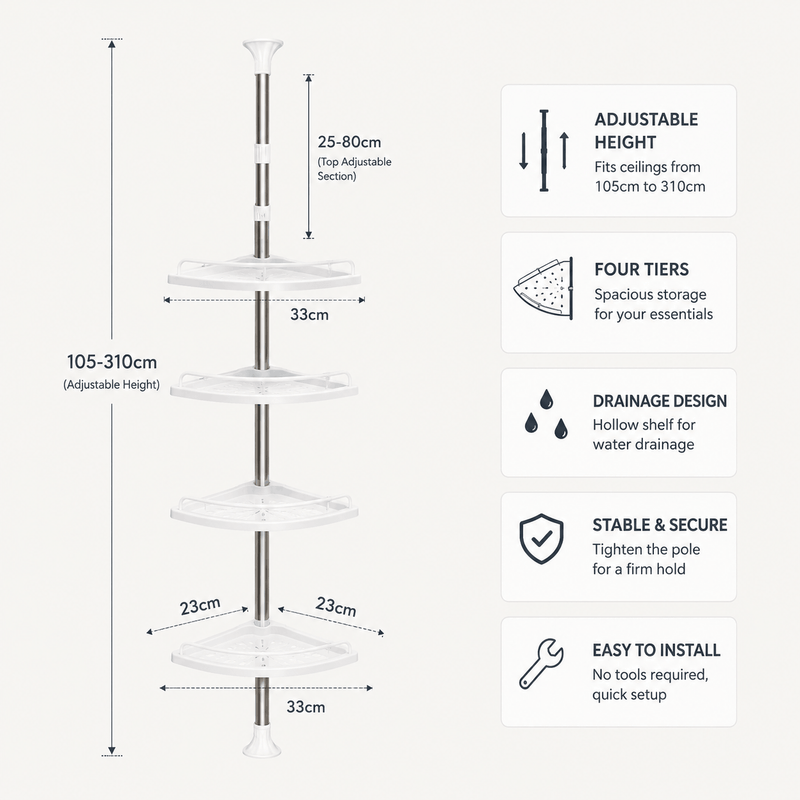 A product infographic showing a four-tier corner shelf with dimensions and feature callouts on a light gray background. The shelf has a silver metal pole with clear plastic tiers and drain holes. - Image 7 of 7