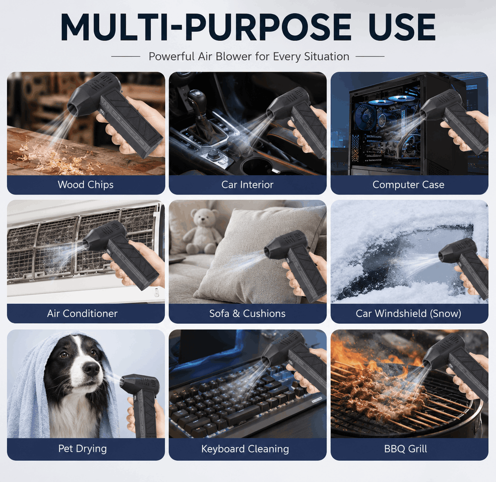 A promotional collage for a multi-purpose air blower, showing the black handheld nozzle used in nine different scenarios: wood chips, car interior, computer case, air conditioner, sofa and cushions, car windshield in snow, pet drying, keyboard cleaning, and BBQ grill. The image has a light gray background with dark blue headers for each use case.