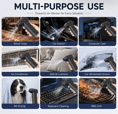 A promotional collage for a multi-purpose air blower, showing the black handheld nozzle used in nine different scenarios: wood chips, car interior, computer case, air conditioner, sofa and cushions, car windshield in snow, pet drying, keyboard cleaning, and BBQ grill. The image has a light gray background with dark blue headers for each use case.