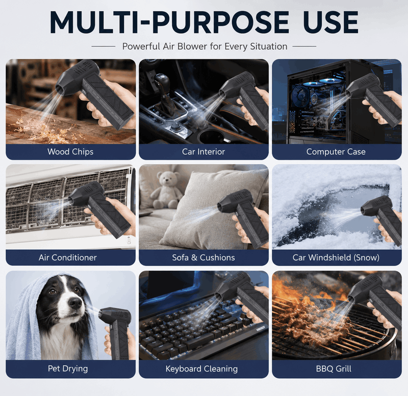 A promotional collage for a multi-purpose air blower, showing the black handheld nozzle used in nine different scenarios: wood chips, car interior, computer case, air conditioner, sofa and cushions, car windshield in snow, pet drying, keyboard cleaning, and BBQ grill. The image has a light gray background with dark blue headers for each use case.
