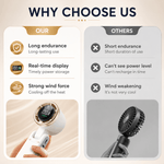 A promotional comparison graphic titled 'WHY CHOOSE US' showing feature advantages of a handheld cooling fan. The left panel, labeled 'OUR', lists long endurance, real-time display, and strong wind force with a photo of a white fan being held.
