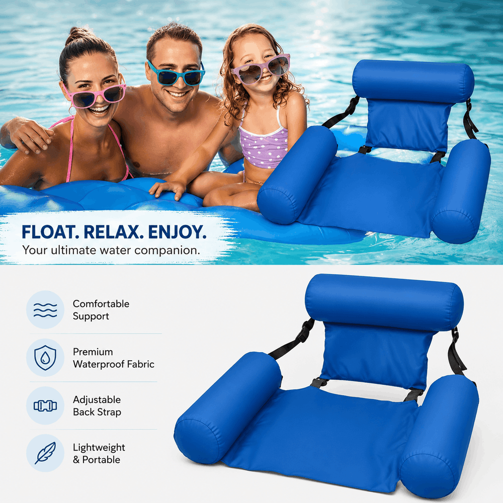 A promotional graphic for a blue inflatable pool lounge chair featuring a family enjoying it in a swimming pool, with a list highlighting its comfortable support, waterproof fabric, adjustable back strap, and portable design.