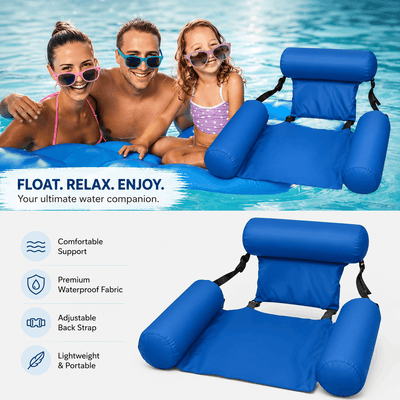A promotional graphic for a blue inflatable pool lounge chair featuring a family enjoying it in a swimming pool, with a list highlighting its comfortable support, waterproof fabric, adjustable back strap, and portable design.