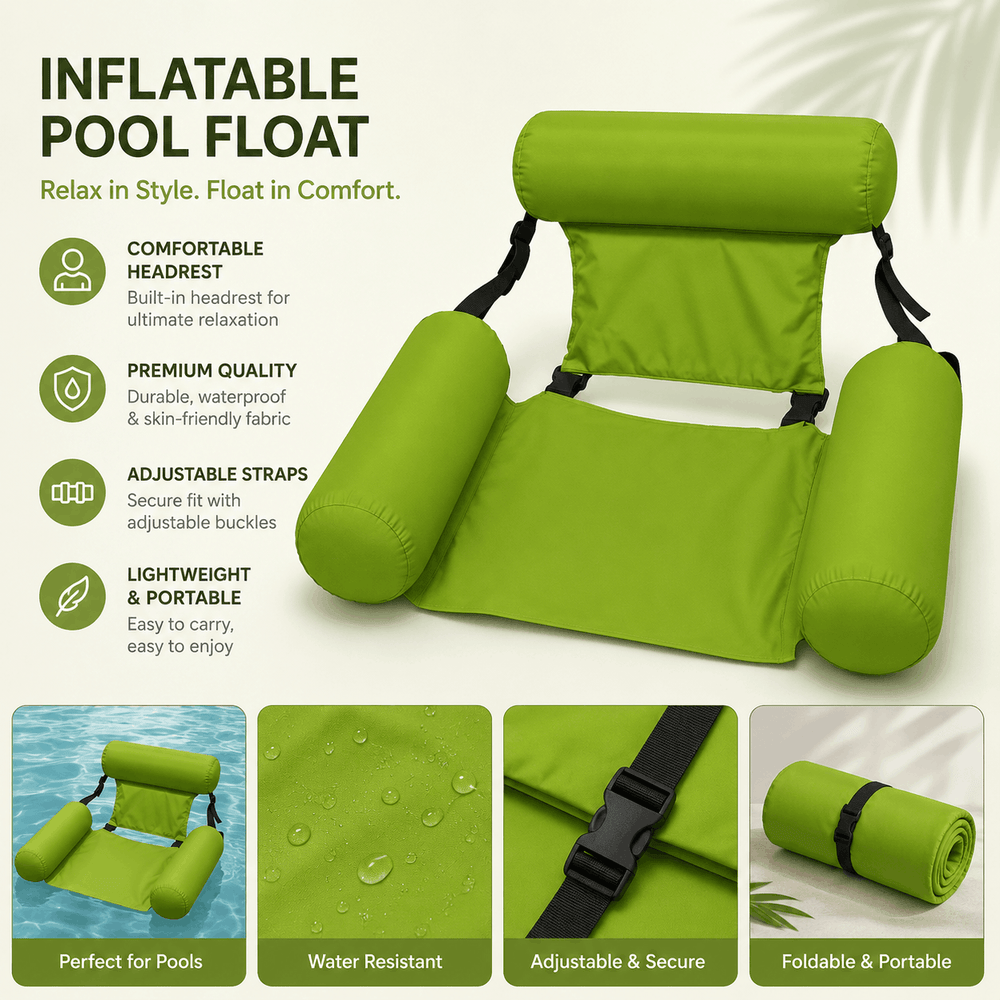 A promotional graphic for a lime green inflatable pool float featuring a built-in headrest and armrests, with text highlighting its waterproof fabric, adjustable straps, and portable, foldable design.