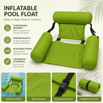 A promotional graphic for a lime green inflatable pool float featuring a built-in headrest and armrests, with text highlighting its waterproof fabric, adjustable straps, and portable, foldable design.