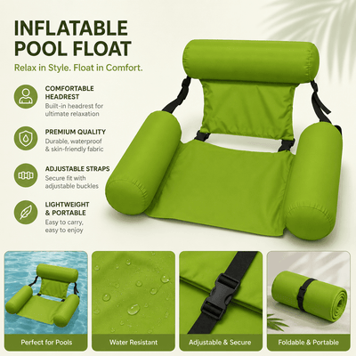 A promotional graphic for a lime green inflatable pool float featuring a built-in headrest and armrests, with text highlighting its waterproof fabric, adjustable straps, and portable, foldable design.