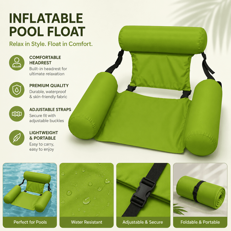 A promotional graphic for a lime green inflatable pool float featuring a built-in headrest and armrests, with text highlighting its waterproof fabric, adjustable straps, and portable, foldable design.