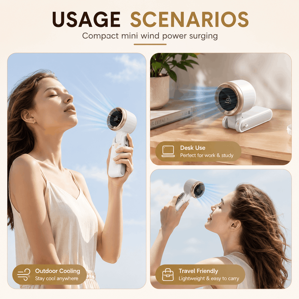 A promotional graphic titled 'USAGE SCENARIOS' showing a compact handheld wind power surging device in three lifestyle panels: a woman outdoors cooling herself, the device used on a desk, and the woman again in a travel-friendly context. The product is white with a black front grille and a metallic gold accent ring.