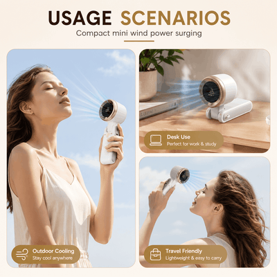 A promotional graphic titled 'USAGE SCENARIOS' showing a compact handheld wind power surging device in three lifestyle panels: a woman outdoors cooling herself, the device used on a desk, and the woman again in a travel-friendly context. The product is white with a black front grille and a metallic gold accent ring.