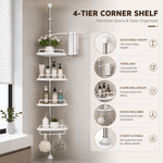 A white 4-tier corner shelf mounted on a bathroom wall, shown with a towel bar, bath accessories, and a hanging plant. The right side includes feature callout panels with text such as adjustable height, towel bar, guard rail design, hooks included, and sturdy & stable. - thumbnail 3