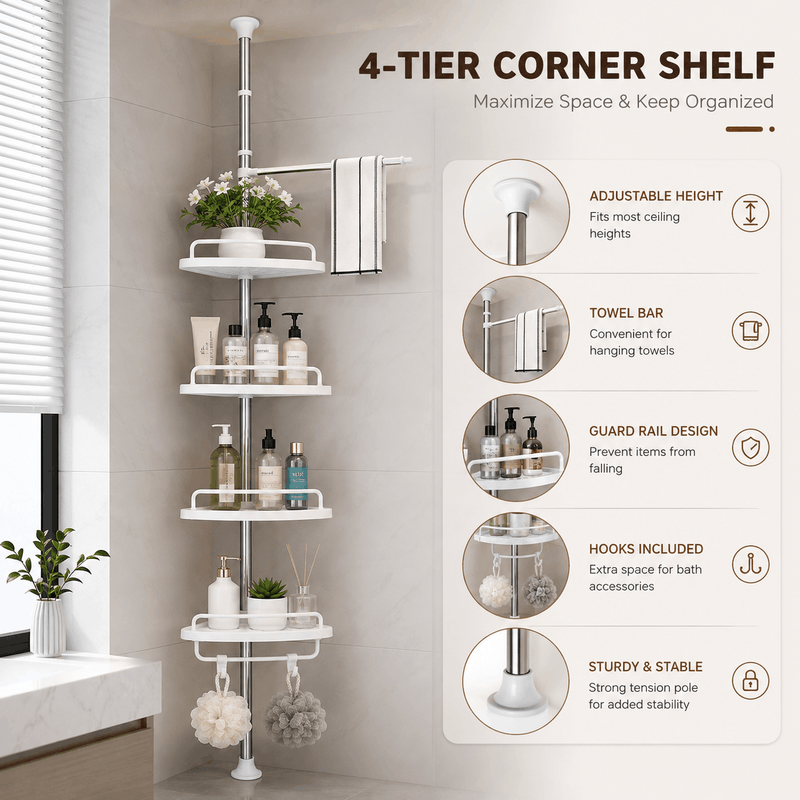 A white 4-tier corner shelf mounted on a bathroom wall, shown with a towel bar, bath accessories, and a hanging plant. The right side includes feature callout panels with text such as adjustable height, towel bar, guard rail design, hooks included, and sturdy & stable. - Image 3 of 7