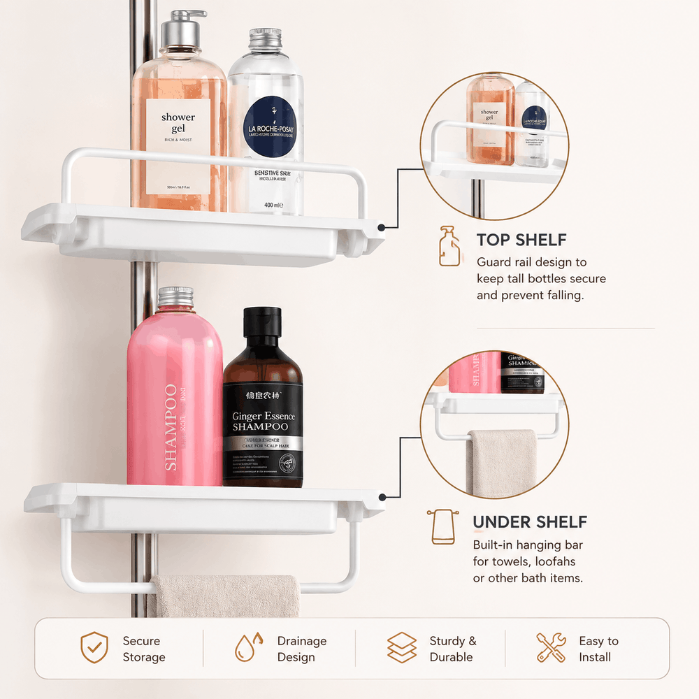 A white wall-mounted three-tier shower bottle rack shown with shampoo and toiletry bottles on the shelves, plus callout circles and icons explaining top shelf and under shelf features.