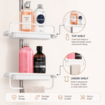 A white wall-mounted three-tier shower bottle rack shown with shampoo and toiletry bottles on the shelves, plus callout circles and icons explaining top shelf and under shelf features. - thumbnail 5