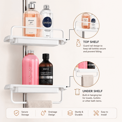 A white wall-mounted three-tier shower bottle rack shown with shampoo and toiletry bottles on the shelves, plus callout circles and icons explaining top shelf and under shelf features.