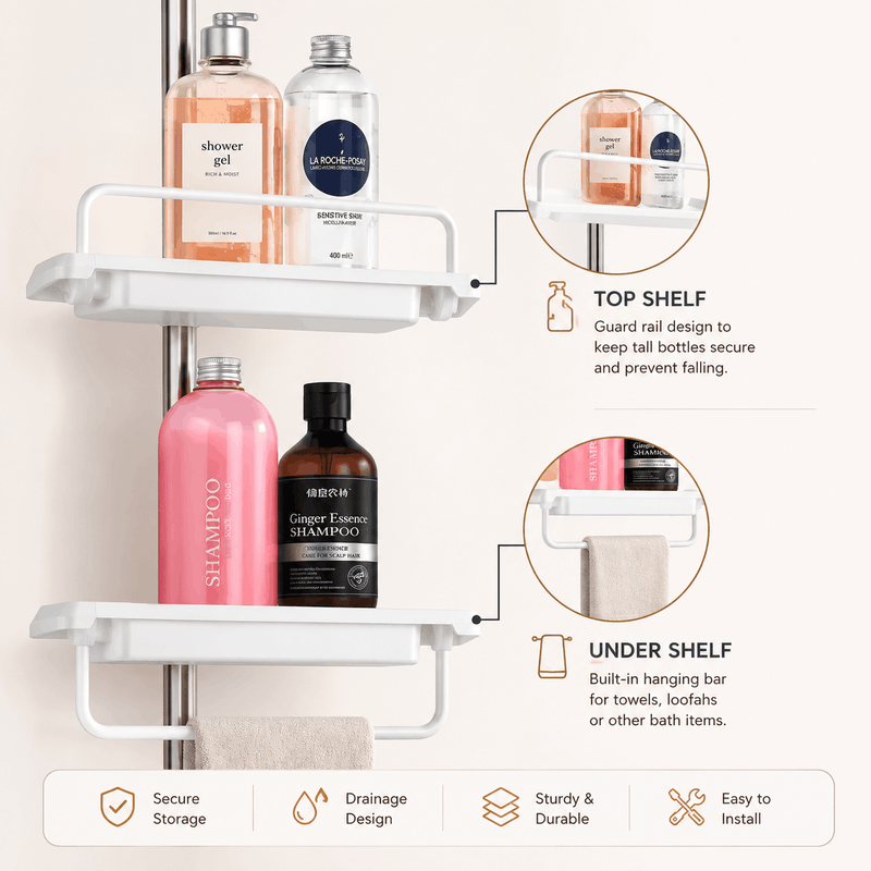 A white wall-mounted three-tier shower bottle rack shown with shampoo and toiletry bottles on the shelves, plus callout circles and icons explaining top shelf and under shelf features. - Image 5 of 7