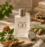 Acqua di Giò perfume bottle by Giorgio Armani on a rustic surface with natural elements.