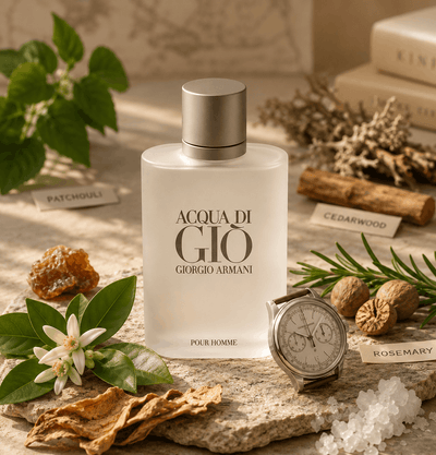 Acqua di Giò perfume bottle by Giorgio Armani on a rustic surface with natural elements.