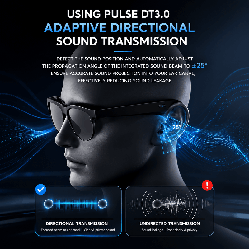 Adaptive directional sound transmission technology with a mannequin head wearing sunglasses on a dark background.