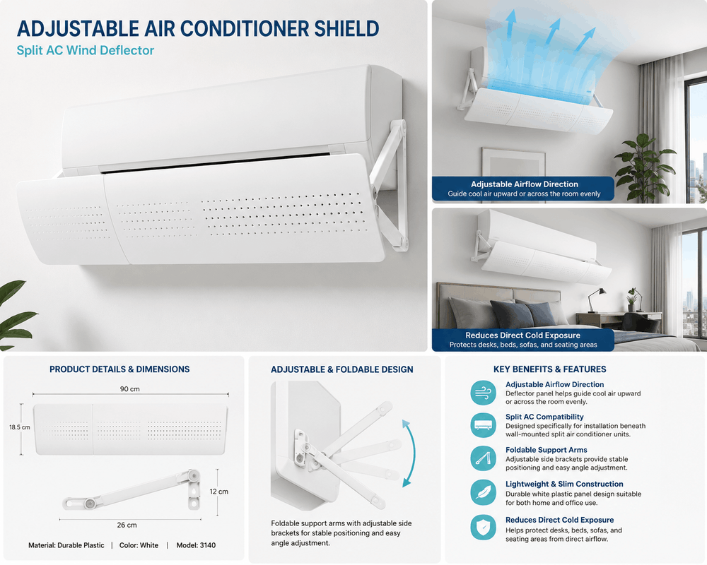 Adjustable air conditioner shield with product details and benefits
