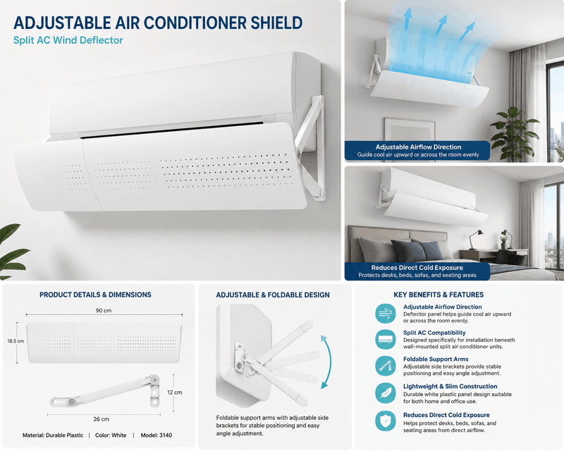 Adjustable air conditioner shield with product details and benefits