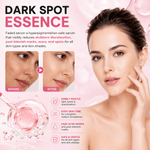 Advertisement for dark spot essence serum with a woman's face before and after use on a pink background.