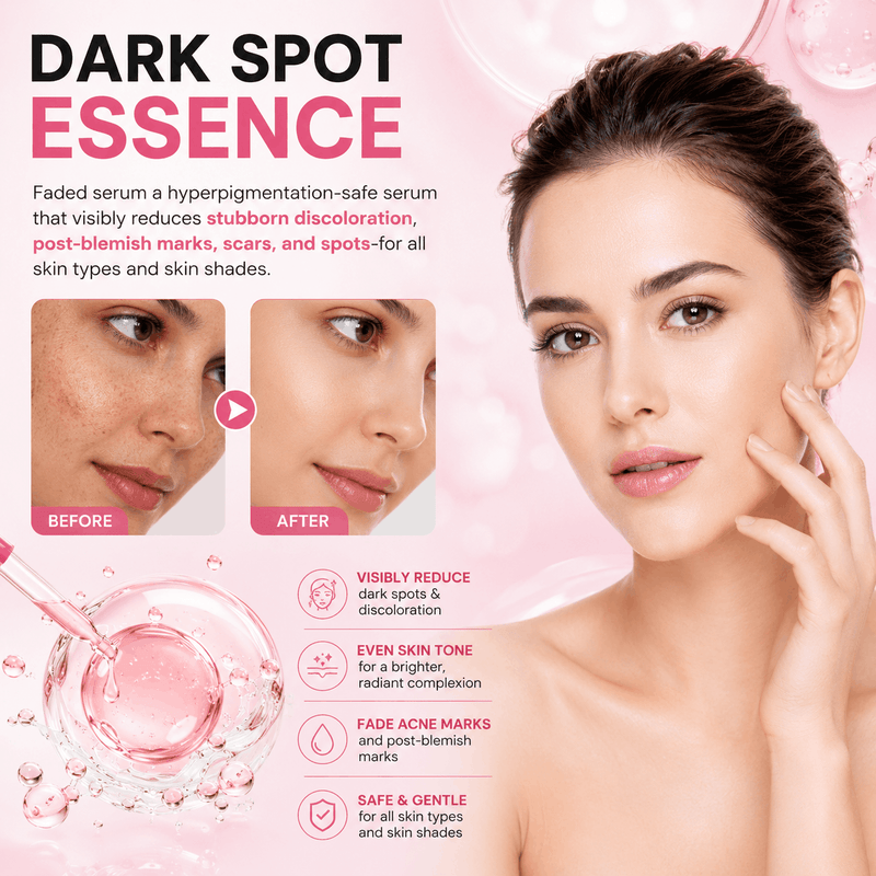 Advertisement for dark spot essence serum with a woman's face before and after use on a pink background.