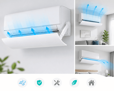 Air conditioner with blue airflow indicators in a modern living room setting.