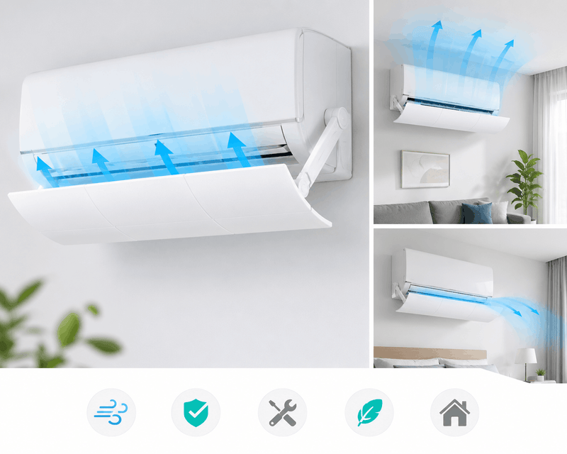 Air conditioner with blue airflow indicators in a modern living room setting.