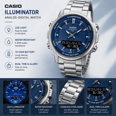 An informational graphic for a Casio Illuminator analog-digital watch with a blue dial and stainless steel band, highlighting its LED light, 5 ATM water resistance, 10-year battery, and dual time/alarm functions.