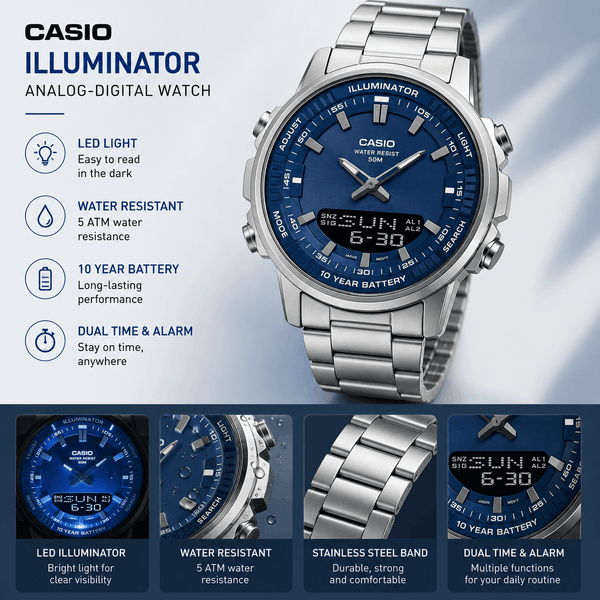 Turquoise Dial Men's Watch – Stainless Steel Dual Display Timepiece
