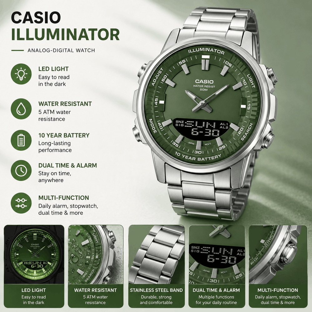 An informational graphic for a Casio Illuminator analog-digital watch with a green dial and stainless steel band, highlighting its LED light, 5 ATM water resistance, 10-year battery, and multi-function capabilities including dual time and alarms.