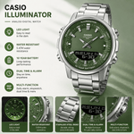 An informational graphic for a Casio Illuminator analog-digital watch with a green dial and stainless steel band, highlighting its LED light, 5 ATM water resistance, 10-year battery, and multi-function capabilities including dual time and alarms.