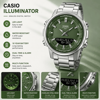 An informational graphic for a Casio Illuminator analog-digital watch with a green dial and stainless steel band, highlighting its LED light, 5 ATM water resistance, 10-year battery, and multi-function capabilities including dual time and alarms.