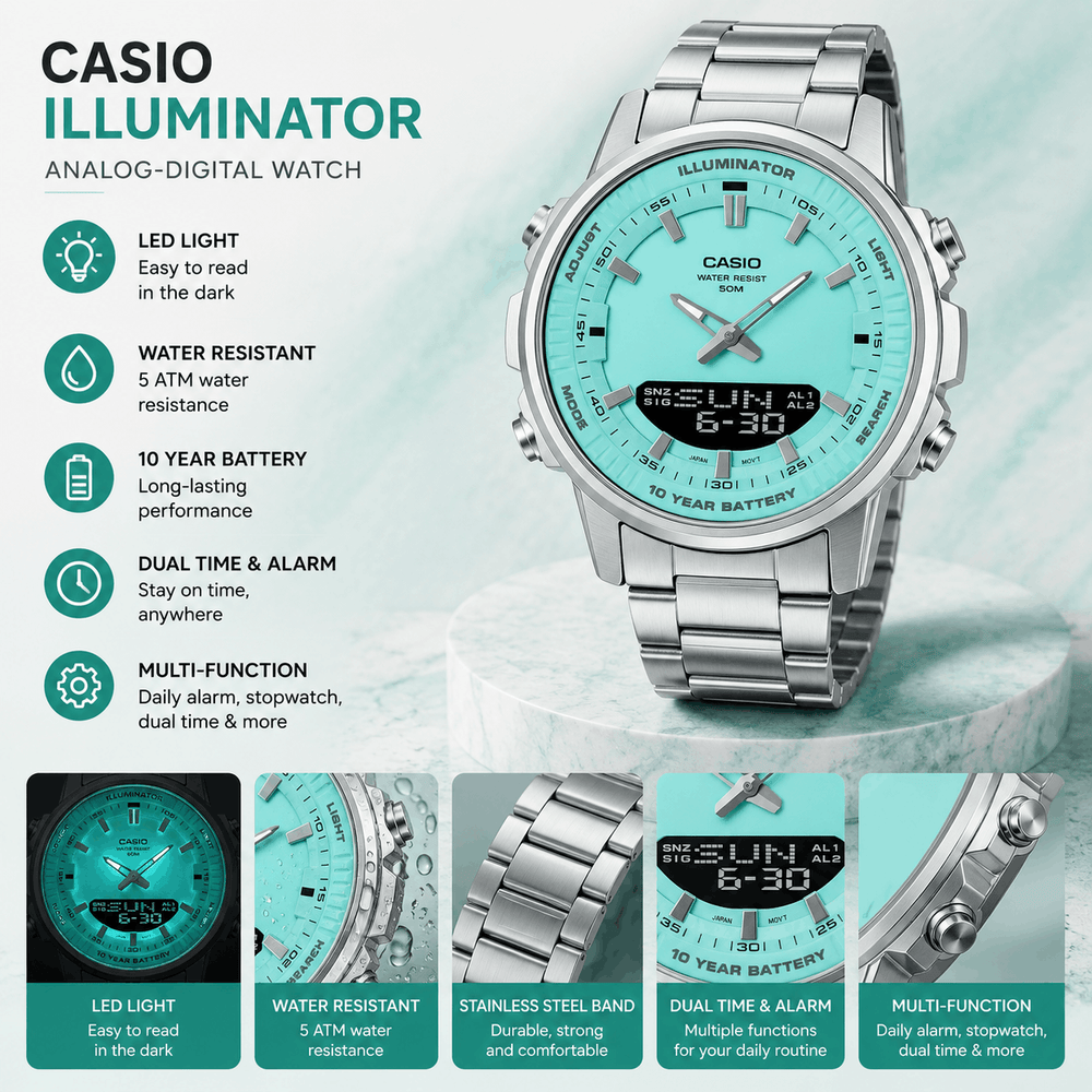 An informational graphic for a Casio Illuminator analog-digital watch with a turquoise dial and stainless steel band, featuring an LED light, 5 ATM water resistance, a 10-year battery, and multi-function alarms.