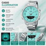 An informational graphic for a Casio Illuminator analog-digital watch with a turquoise dial and stainless steel band, featuring an LED light, 5 ATM water resistance, a 10-year battery, and multi-function alarms.