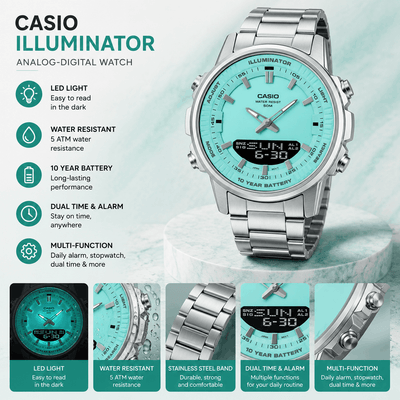 An informational graphic for a Casio Illuminator analog-digital watch with a turquoise dial and stainless steel band, featuring an LED light, 5 ATM water resistance, a 10-year battery, and multi-function alarms.