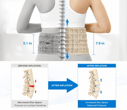 An informational graphic for a Spinal Air Traction Belt demonstrating its decompression effect, showing the belt expanding from 5.1 inches to 7.9 inches to increase disc space and reduce pressure on the lumbar vertebrae.