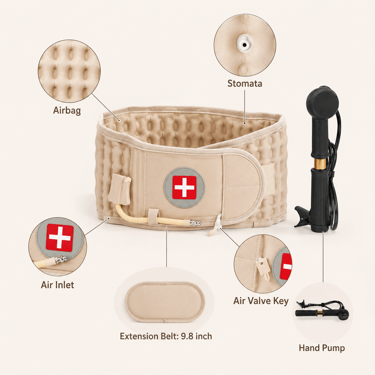 An informational graphic for a Spinal Air Traction Belt, highlighting its components such as the airbag, air inlet, stomata, and air valve key, while showcasing the included hand pump and 9.8-inch extension belt.
