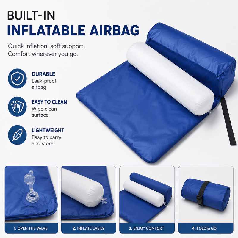 An informational graphic for a blue portable cushion with a built-in inflatable airbag, highlighting its durable, leak-proof, and lightweight design alongside a four-step guide for opening the valve, inflating, using, and folding it for travel.