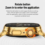 An informational graphic for a gold smartwatch highlighting its rotating side button, with text explaining how to use it for scrolling and zooming into applications.