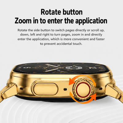 An informational graphic for a gold smartwatch highlighting its rotating side button, with text explaining how to use it for scrolling and zooming into applications.