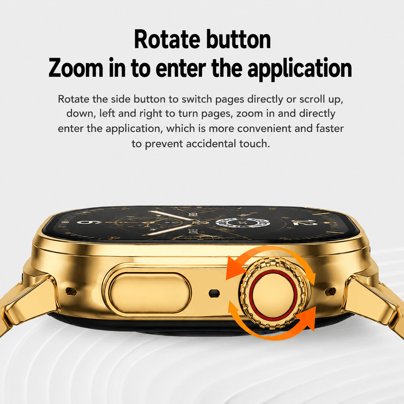 An informational graphic for a gold smartwatch highlighting its rotating side button, with text explaining how to use it for scrolling and zooming into applications.